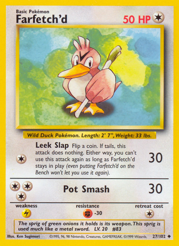 Sold at Auction: Pokemon Base Set 1st Edition Farfetch'd Uncommon Card  27/102